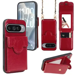 PU Leather Phone Case with Large Capacity Card Holder and Built - in Mirror - Fashion New Style - Pixel 9a (Wine red)