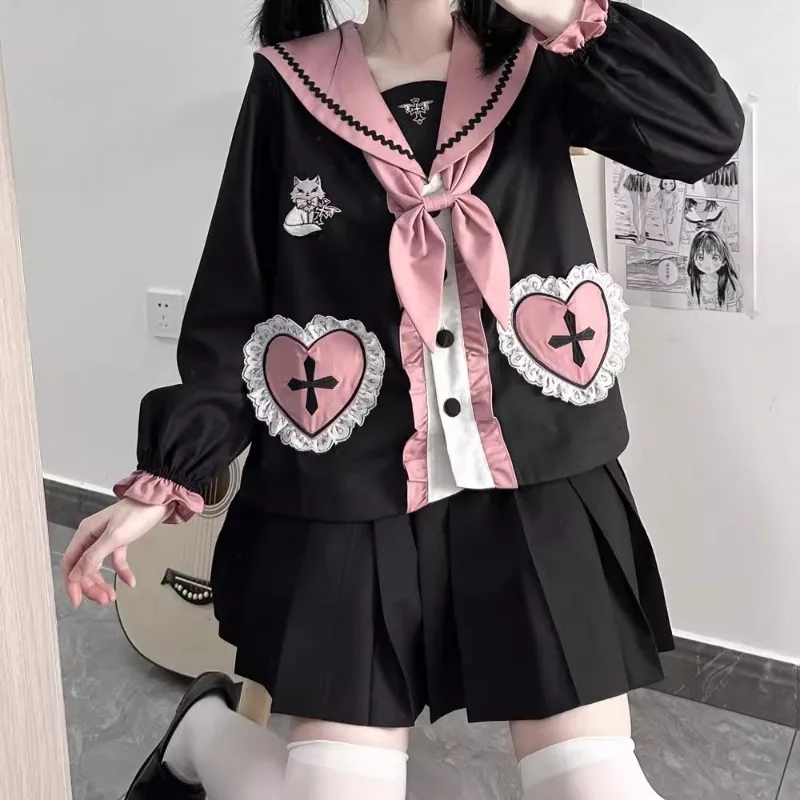 Japanese Pink Black Sailor Suit Cute Preppy Style Cartoon JK Uniform Sets 2024 Autumn And Winter Clothes Color Matching Outfits