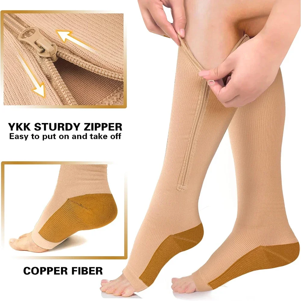 1Pair Zipper Compression Socks Women & Men - 2Pairs Calf Knee High