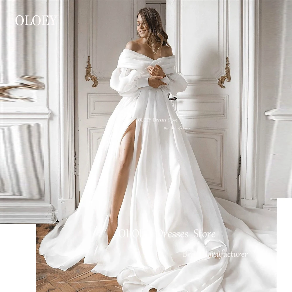 

OLOEY Off the Shoulder Organza A Line Wedding Dresses Puff Long Sleeves Split Chapel Train Arabic Women Bridal Gowns 2023