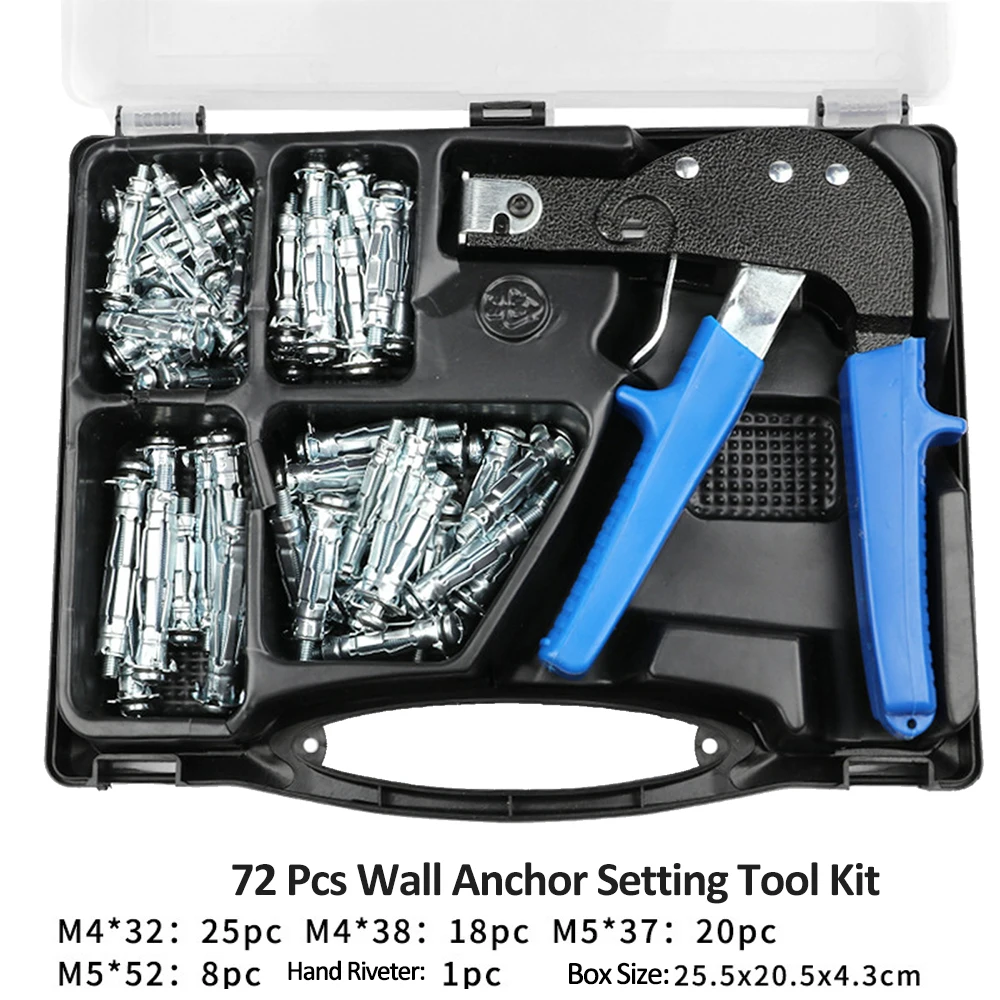 72PCS Wall Anchor Setting Tool Heavy Duty Hollow Wall Anchor Tool with 4 Sizes Bolts Hollow Drive Screw Kit
