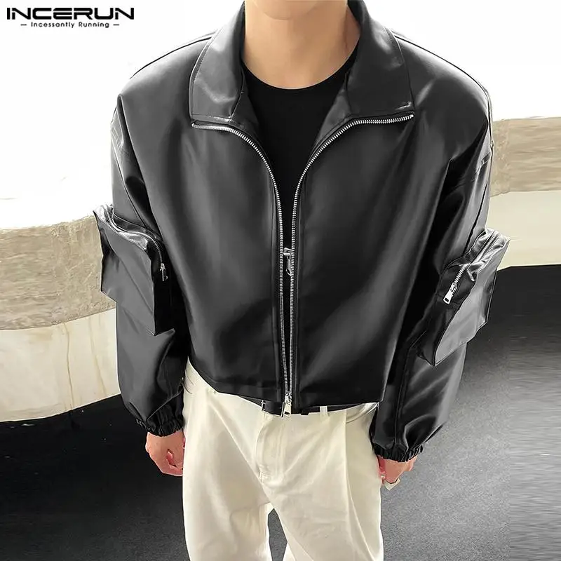 

Fashion Casual Tops INCERUN Mens Zipper Blazers Locomotive Wind Pocket Solid Leather Autumn Winter Long Sleeved Suit Coats S-5XL
