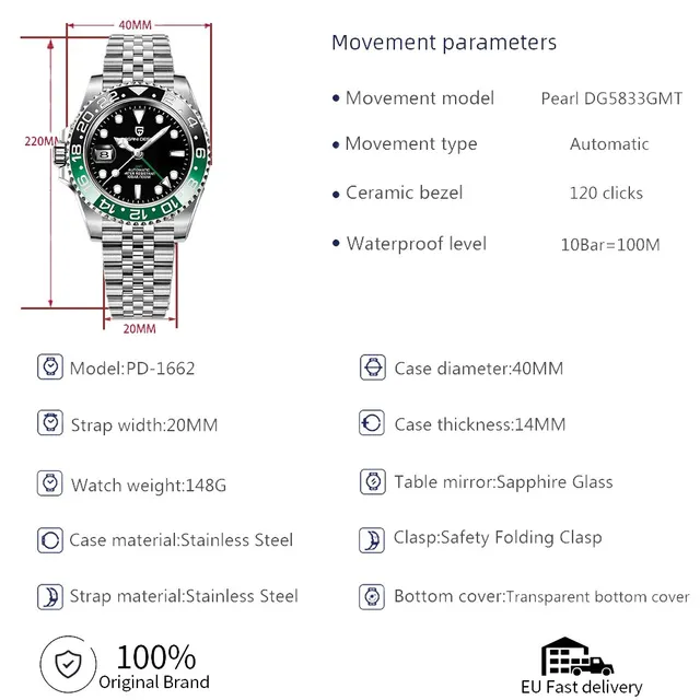 PAGANI DESIGN PD-1662 Luxury GMT Men Mechanical Wristwatch Sapphire Glass Stainless Steel 100M Waterproof Automatic Watches 4