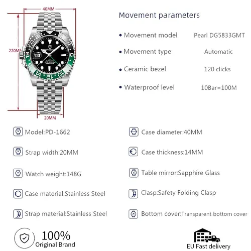 PAGANI 디자인 PD-1662 럭셔리 GMT 남성 기계 손목 시계 사파이어 유리 스테인레스 스틸 100M 방수 자동 시계 3