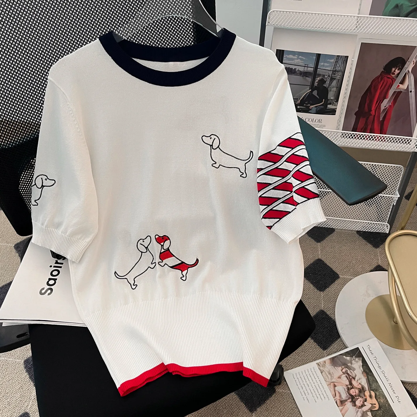 

Summer Dog Jacquard Pullovers Tees, Thin ,Short Sleeve Knitted Shirt ,Women's T-shirt, Crop Tops, sweaters 여성 반팔 니트