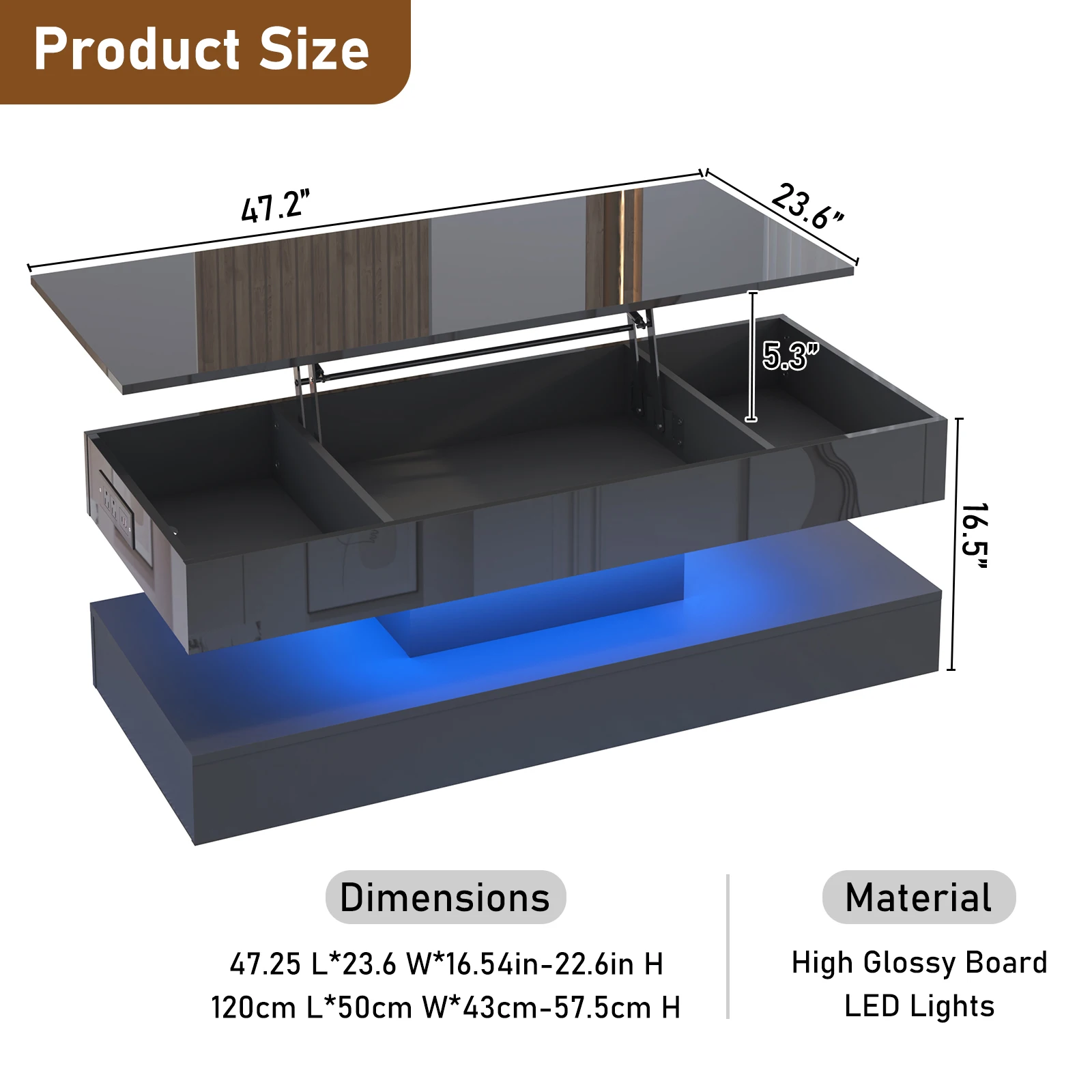 High Glossy LED Coffee Tables for Living Room, Center Table with Open Display Shelf & Large Storage Space, White Coffee Table 6