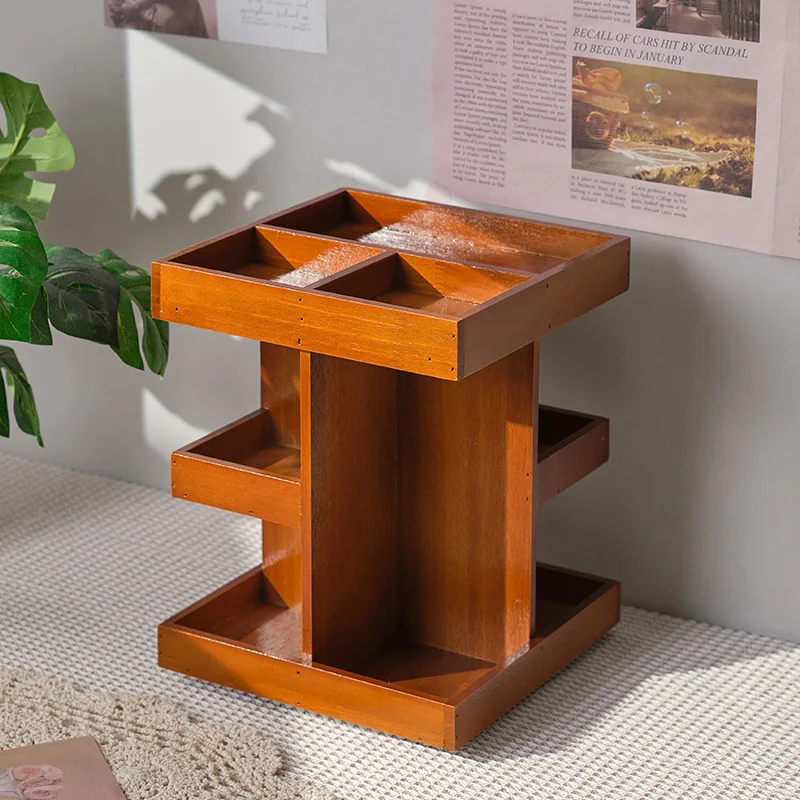 Wood Retro Desktop 360 Rotating Multi-layer Cosmetics Storage Box Wooden Perfume Shelf Display Stand Storage Rack Organizer