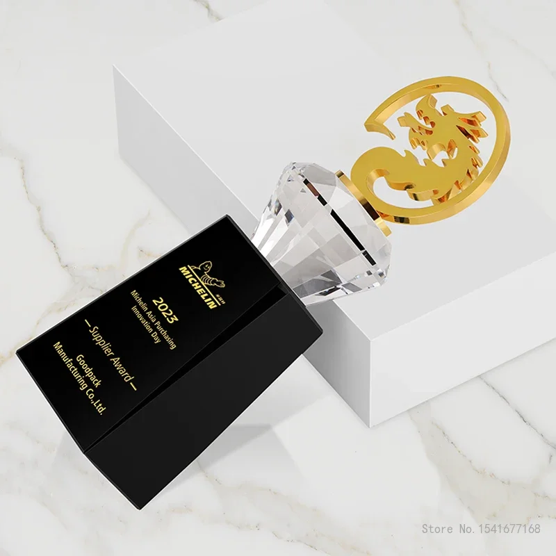 Customized High-end Crystal Trophy, Metal Dragon bibcock Shape Medal, Annual Meeting Award Free Engraving Home Decor Crafts, 1Pc