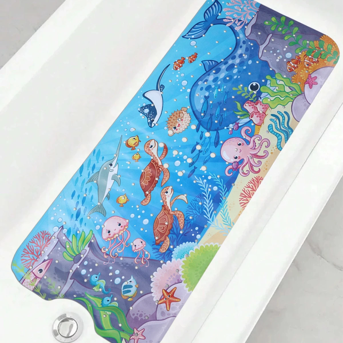 Extra Long Non-Slip Cartoon Bath Mat with Secure Suction Cups & Drain Holes