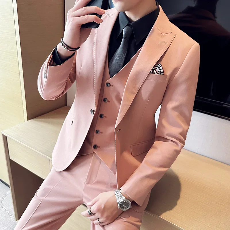 

(Jackets+Vest+Pants)Men Pink Suits/Men Spring High Quality Groom's Wedding Dress/Male Slim Fit Fashion Casual Tuxedo Men Blazers