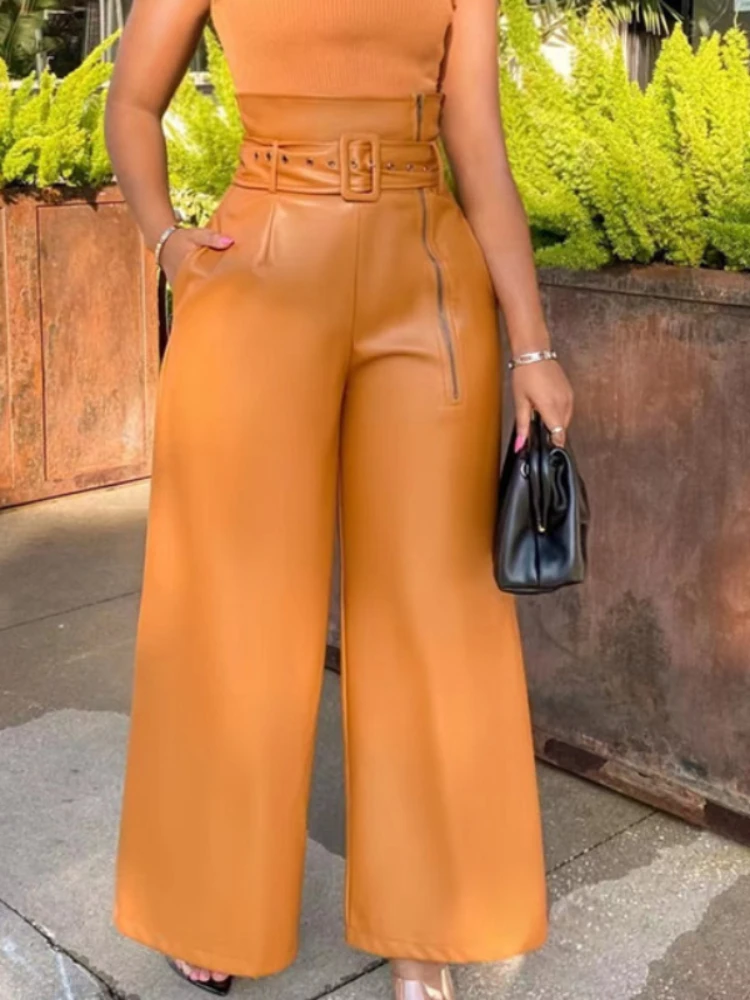 

Women's Black High Waist PU Wide Leg Pants Trousers Shiny with Waist Belt Ladies Female African Fashion Spring 2023 New Bottons