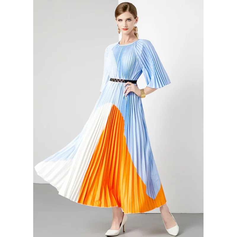 

2023 New Fashion Round Neck Printed Pleated Dress Women's Summer Versatile 3/4 Sleeve Loose Fit Casual Holiday Dress Vesidos