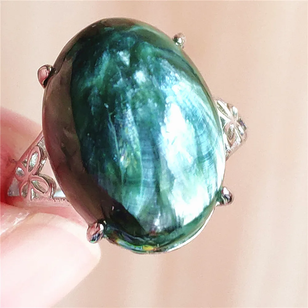 silver rings Natural Green Seraphinite Adjustable Size Ring Women Men Seraphinite Ring Clinochlore Oval Gemstone 925 Sterling Silver AAAAAA gucci ring