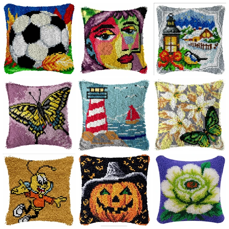 Latch Hook Kit Embroidery Cushion Pillowcase Knot Pillow Package Set For Needlework Outdoor Nature Scenery Pattern Latch Hook