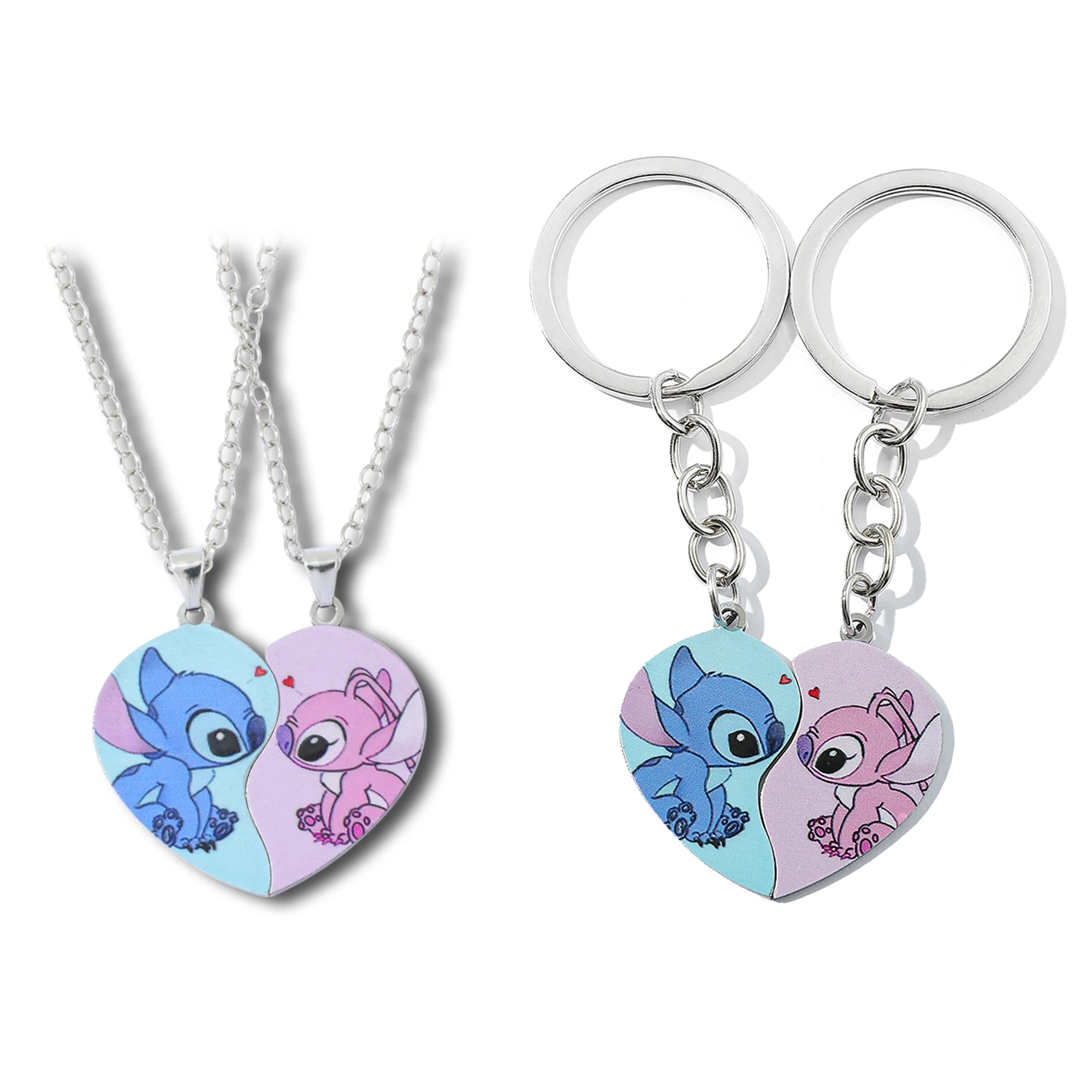 2 Pcs Stainless Steel Cute Stitch Angel Heart Pendant Keychain Set Fashion Couple Key Holders Best Friend Y2K UV Jewelry Gift