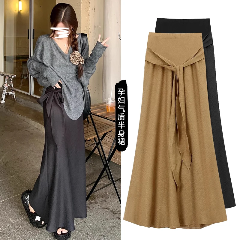 High Quality Pregnant Women's Spring Versatile Lazy Style Drooping Slim Long Skirt with Fish Tail Support Belly Maternity Skirts