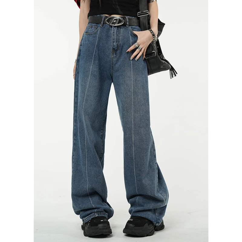 

Winter Vintage Blue High Waist Women Jeans American Fashion Streetwear Wide Leg Jean Female Denim Trouser Straight Baggy Pants