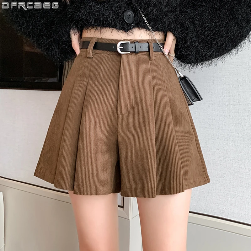 

2023 Winter Corduroy Shorts Skirts For Women Vintage Loose Wide Leg Short Mujer Fashion Korean High Waist Belt Pleated Shorts