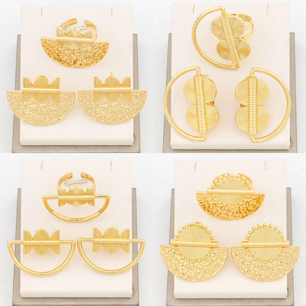 4Sets Jewelry Sets Fashion 18k Dubai Gold Color Copper Earrings For Women Adjustable Ring Trendy Party Gift Jewelry Accessories