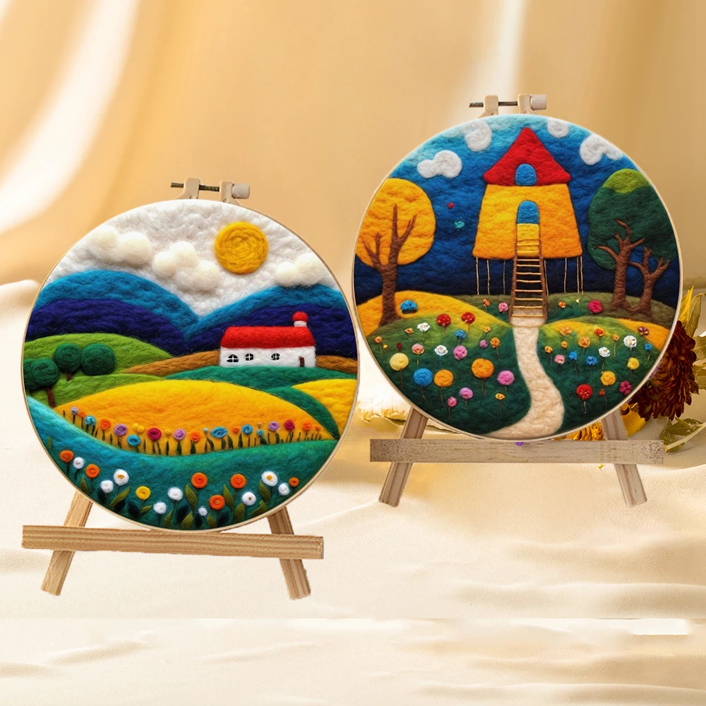CHENISTORY 20x20cm Frame Felting Needles Kit House Landscape Diy Felt Set Felting Needles Wool Supplies For Mom Gift