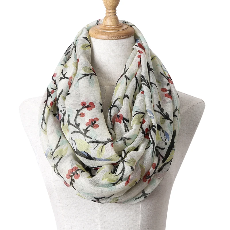 Winter Light weight Animal Infinity Scarf Women Luxury Brand Abstract Birds On Tree Viscose Echarpe Shawl Loop Ring Scarves 2