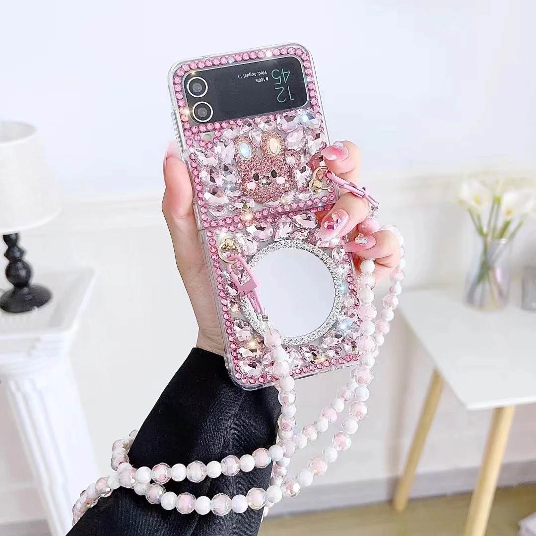 Unique Luxury Pearl Diamond Rabbit Mirror Wrist Phone Case