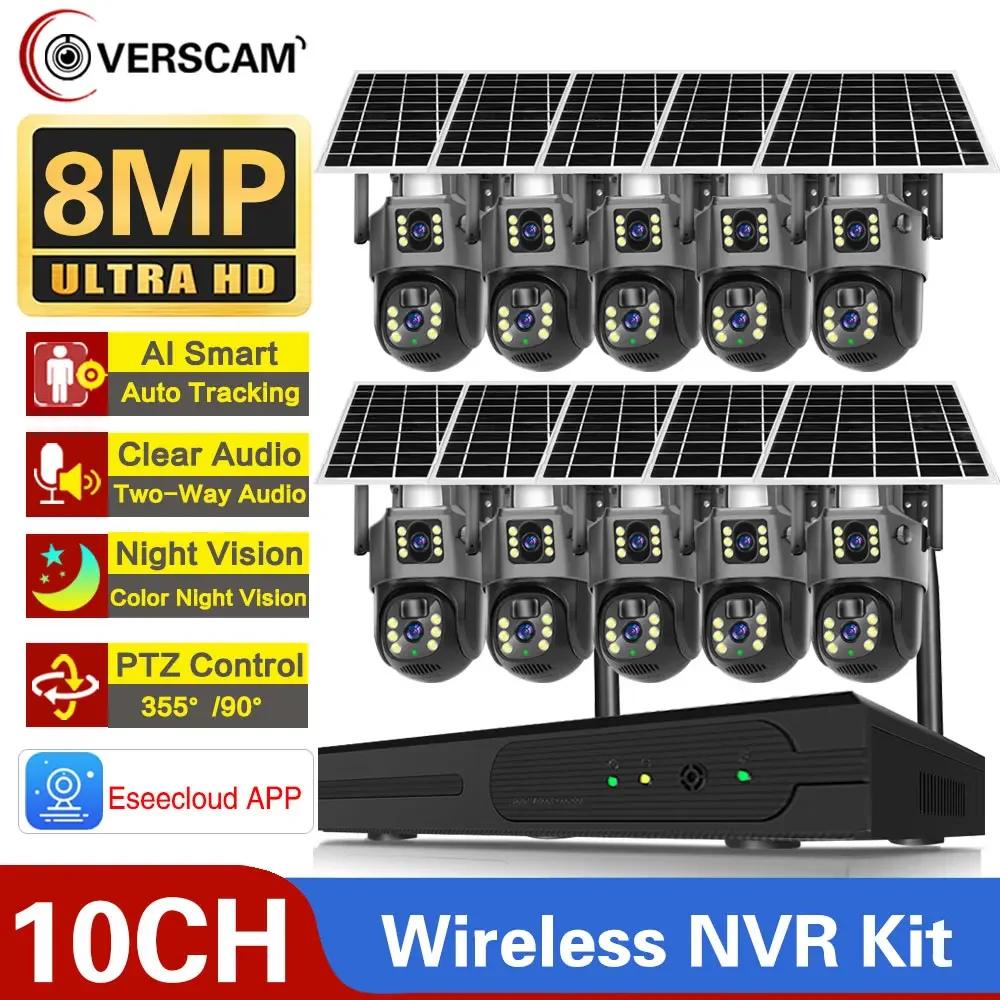 4K 8MP Solar Power Battery Charged Wifi PTZ IP Cameras Kit 8MP 10CH Wireless NVR Kit Auto Tracking CCTV Security Cam System