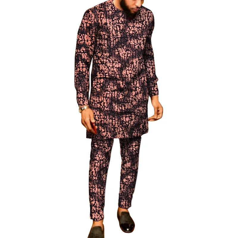 Trendy Print Men's Groom Suit Male Nigerian Simple Full Sleeve Shirt+Pant Set Clothing African Wedding Party Outfits