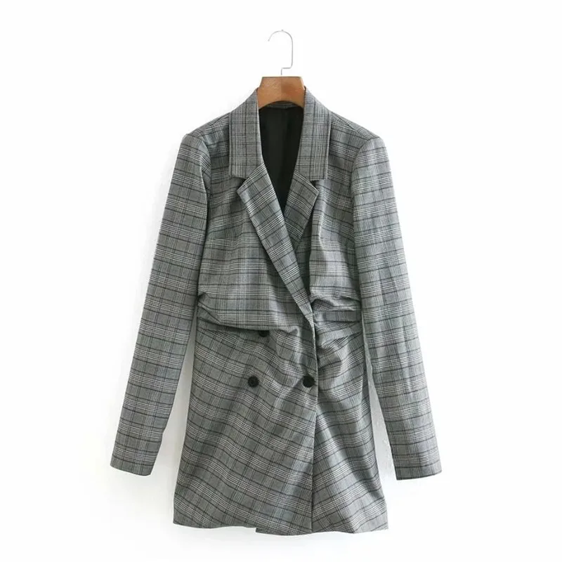 Long Plaid Blazer Dress Women Double Breasted Dress Style Blazer Office Lady Formal Clothing  Commute Blazer Suit Sexy Elegant