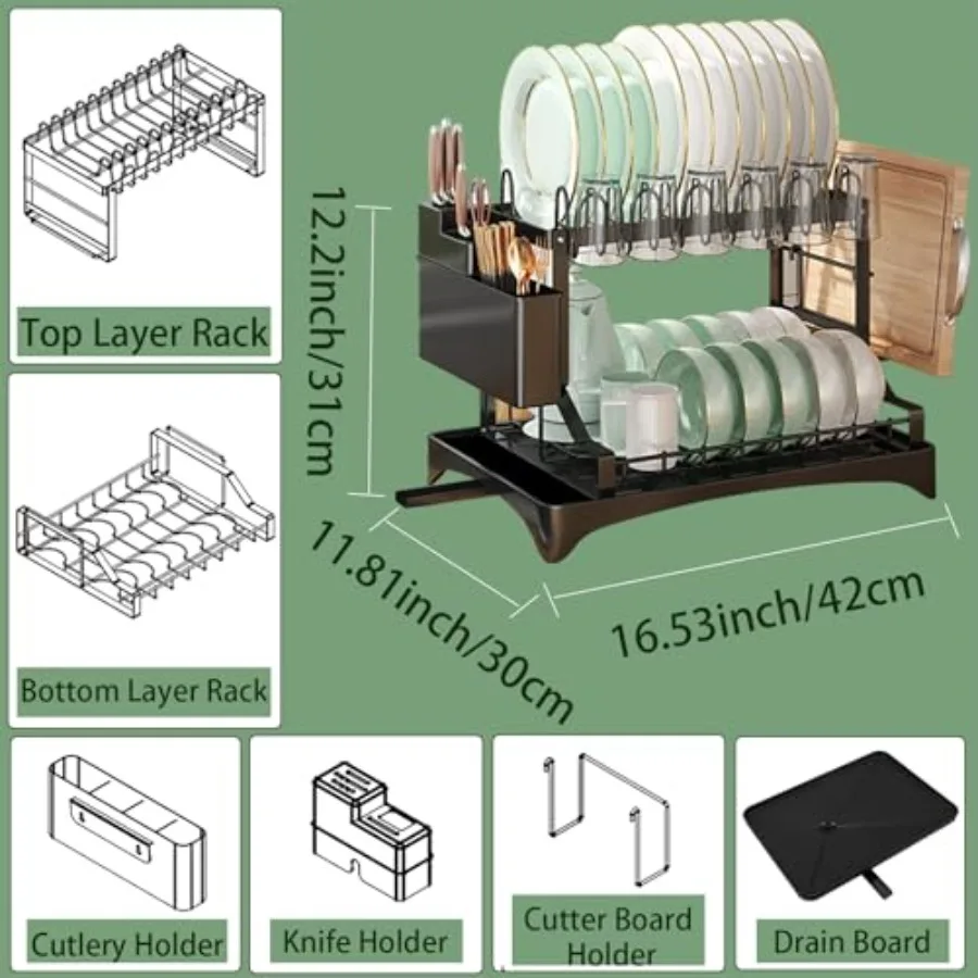 Dish Drying Rack 2 Tier Dish Racks for Kitchen Counter Detachable Dish Drainer Organizer with Utensil Holder Drying Rack with D