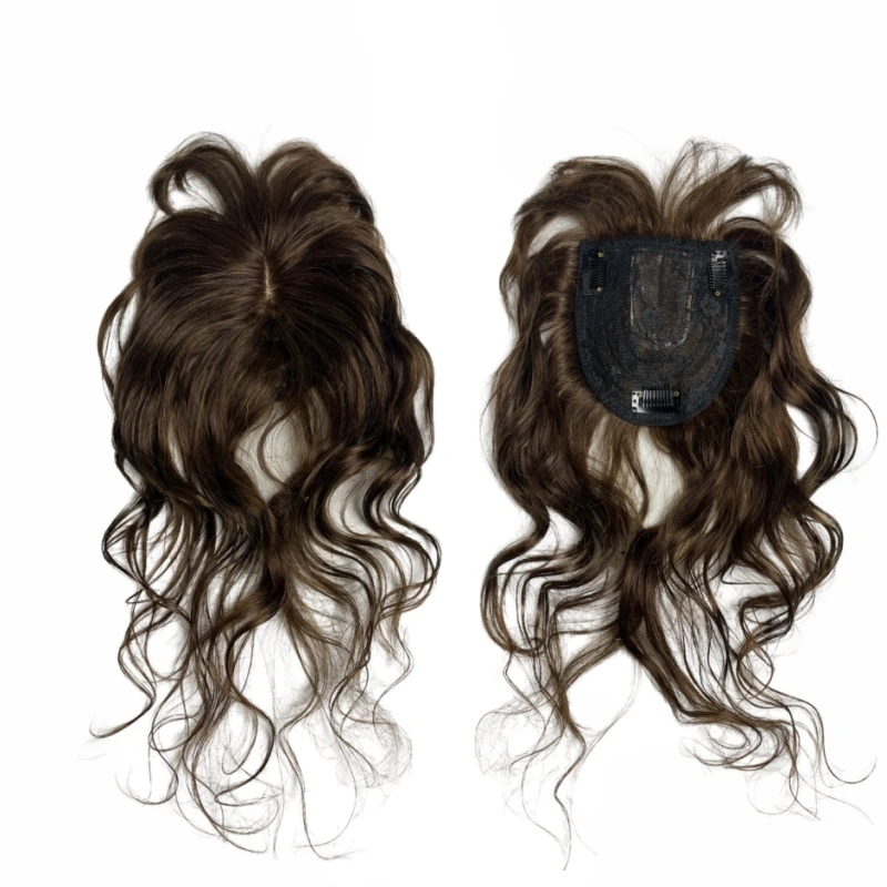 Natural Wavy 14" Middle Part Human Hair Topper with Bangs Clip in Real Hair Toppers for Women Balding Dark Brown Remy