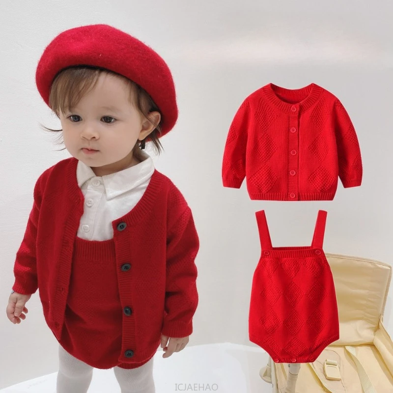 십대 소녀 의류 2025 INS 스타일  소녀 가디건 면 니트 긴팔 상의 어린이 의상 봄 가을 축제용 빨간색