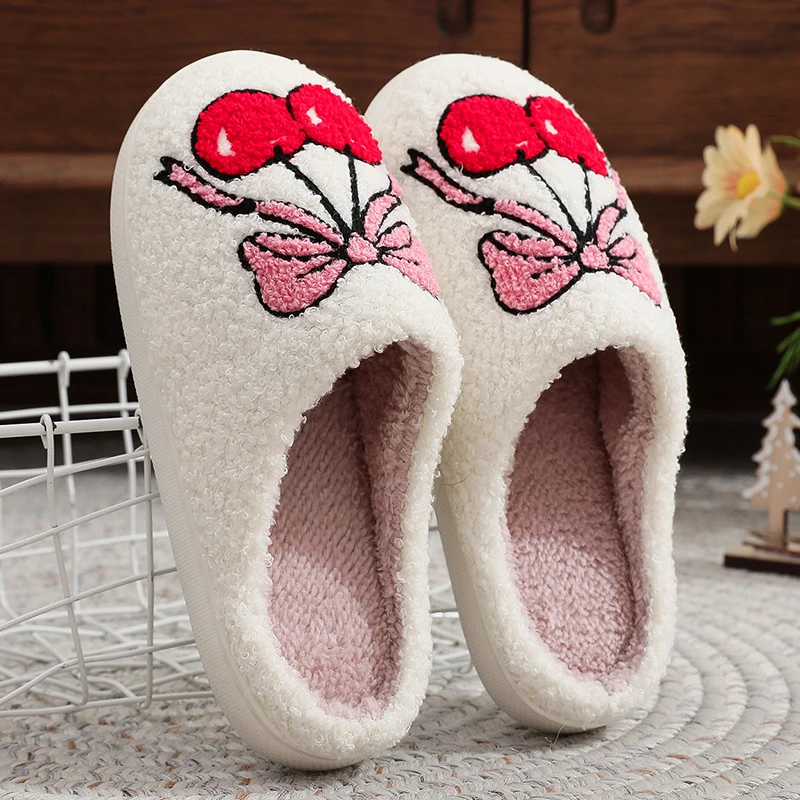 Fashion Bowknot Embroidery Cotton Slippers Women Soft Sole Winter Warm Home Shoes Woman Indoor Non Slip Plush Slides Female 45