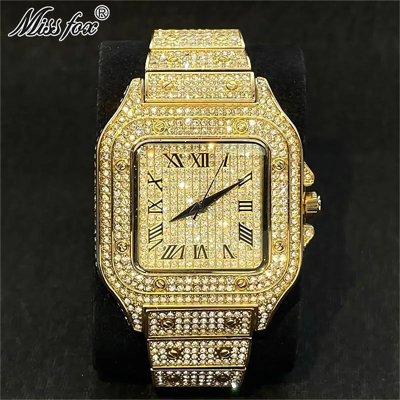 Brand MISSFOX Hip Hop Men Square Watches Luxury Iced Diamond Stianless Steel Waterproof Quartz WristWatch Man Jewelry Reloj 2023