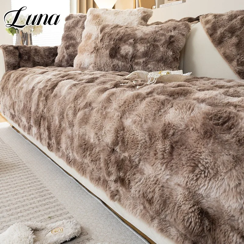 

Winter New Tie Dyed Plush Sofa Cover Thicken Soft Faux Rabbit Fur Couch Covers for Sofas Living Room Decor Non-slip Slipcovers