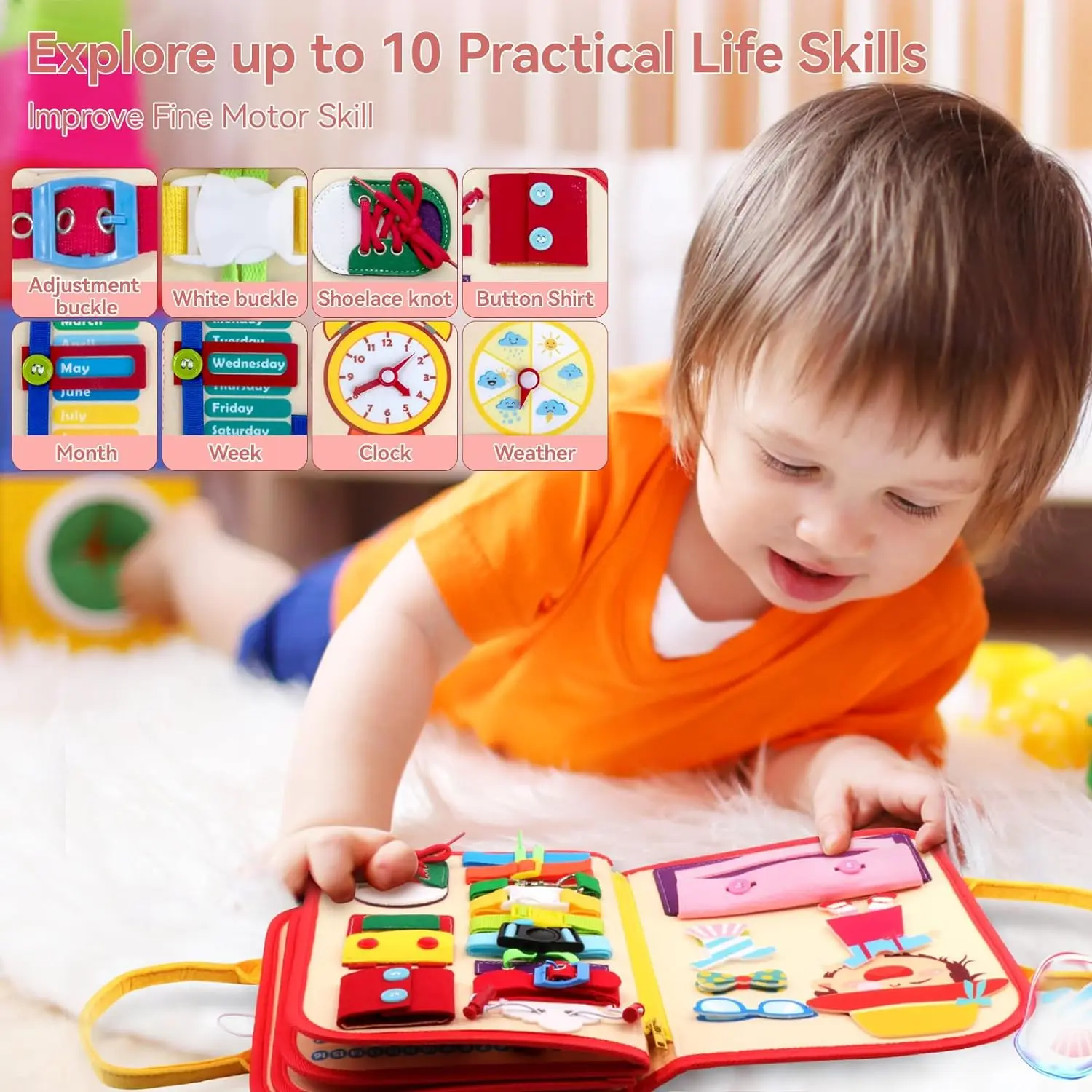 8 in1 Montessori Busy Board Toddlers Sensory Activity Board for 3 4 5 Years old Preschool Education Basic Life Skills Training