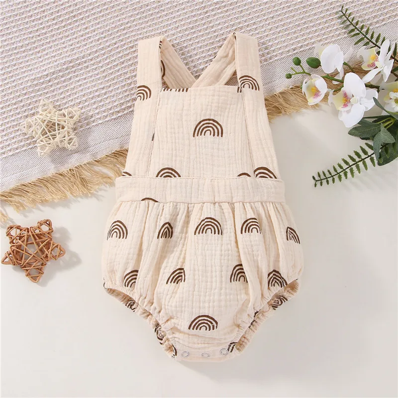 ZK30 Newborn Kids Rompers Baby Boys Girls Sun Print Cotton Linen Playsuits Suspender Jumpsuits Sunsuit Outfits Baby Summer 6