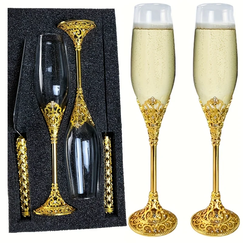 4Pcs Golden Wedding Cake Knife Glasses Server Set Crystal Rhinestone Champagne Flutes Toasting Glasses Perfect for Wedding Gifts