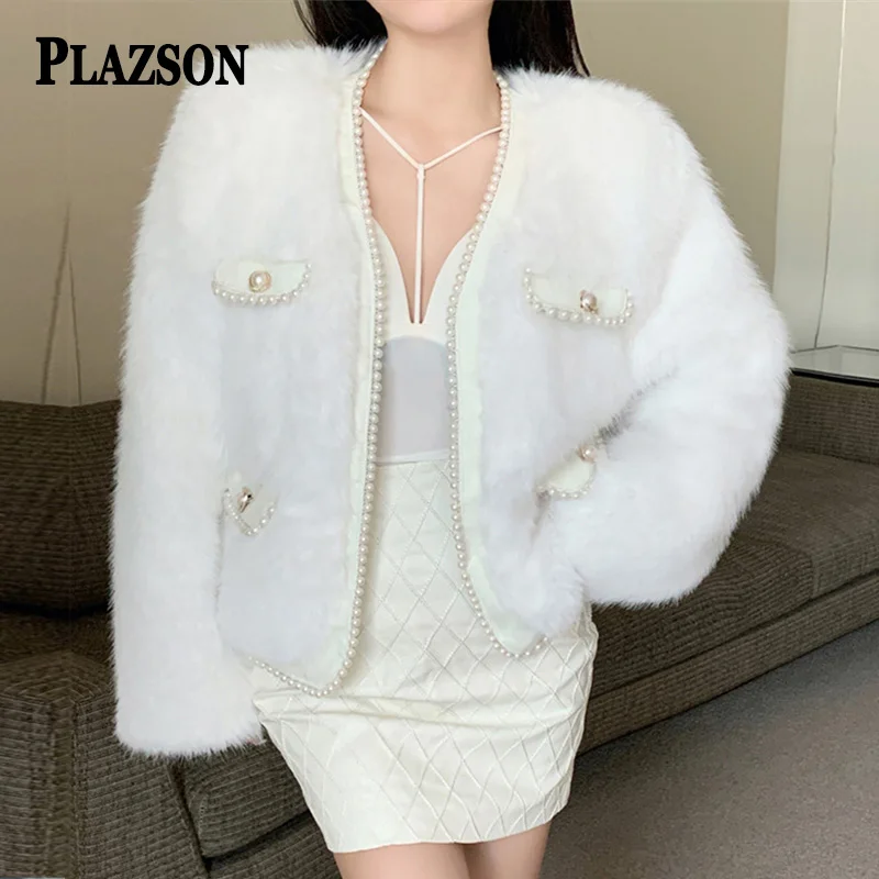 

PLAZSON Pearls Edging White Faux Fur Coat Cardigans for Woman Elegant Winter Overcoat Warm Long Sleeve V Neck Fur Jackets