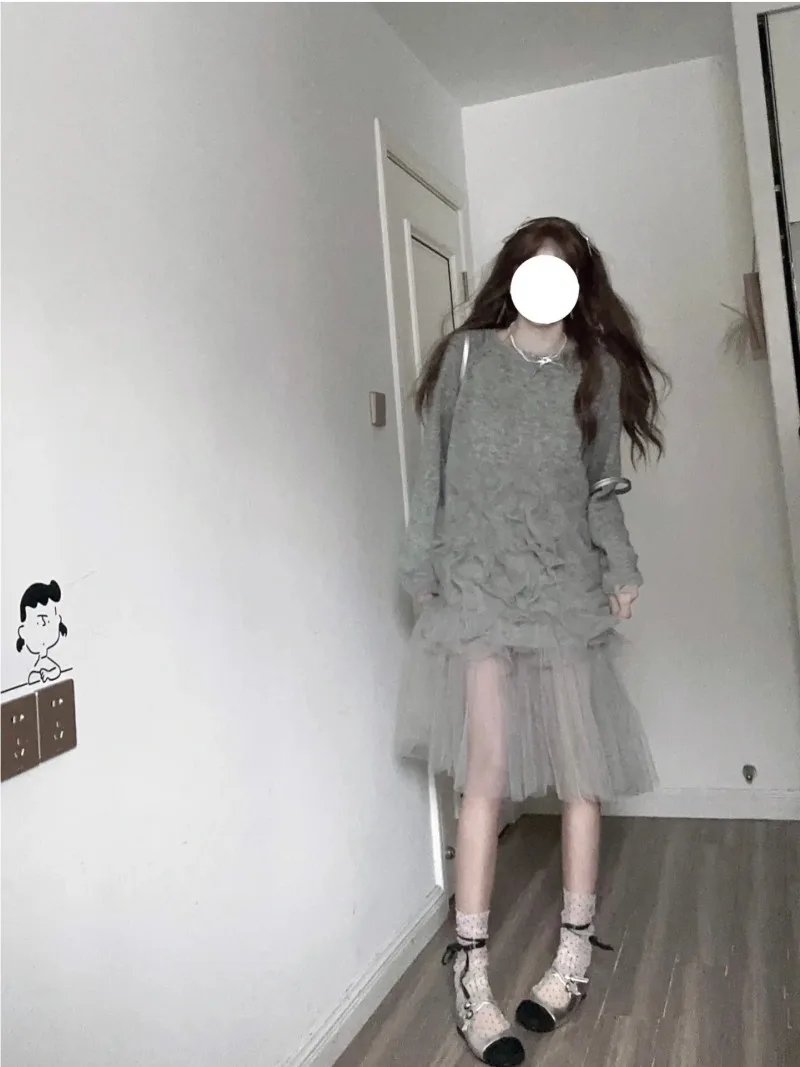 Sweet Hot Girl Chiffon Mohair Thin Knitted Dress Women's Autumn/Winter O-neck Long-sleeve Patchwork Dress Fashion Female Clothes 5