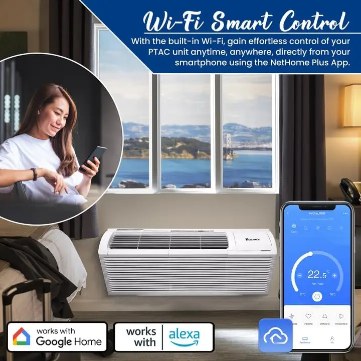 9,000 BTU PTAC Heat Pump A/C R-32 Wi-Fi Enabled with 3.5kW Electric Heater, Remote Control, Drain Kit - 230V 6