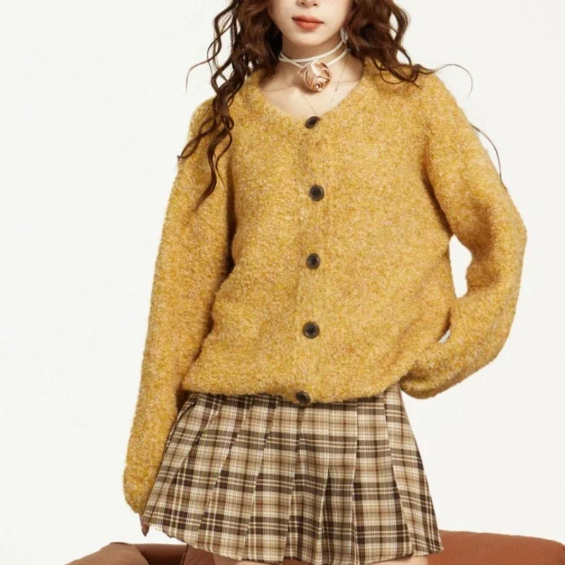 Autumn Fashion Women's Crew Neck Cardigan Long Sleeve Sweater Elegant New Lantern Sleeve Knitwear Loose Casual Top