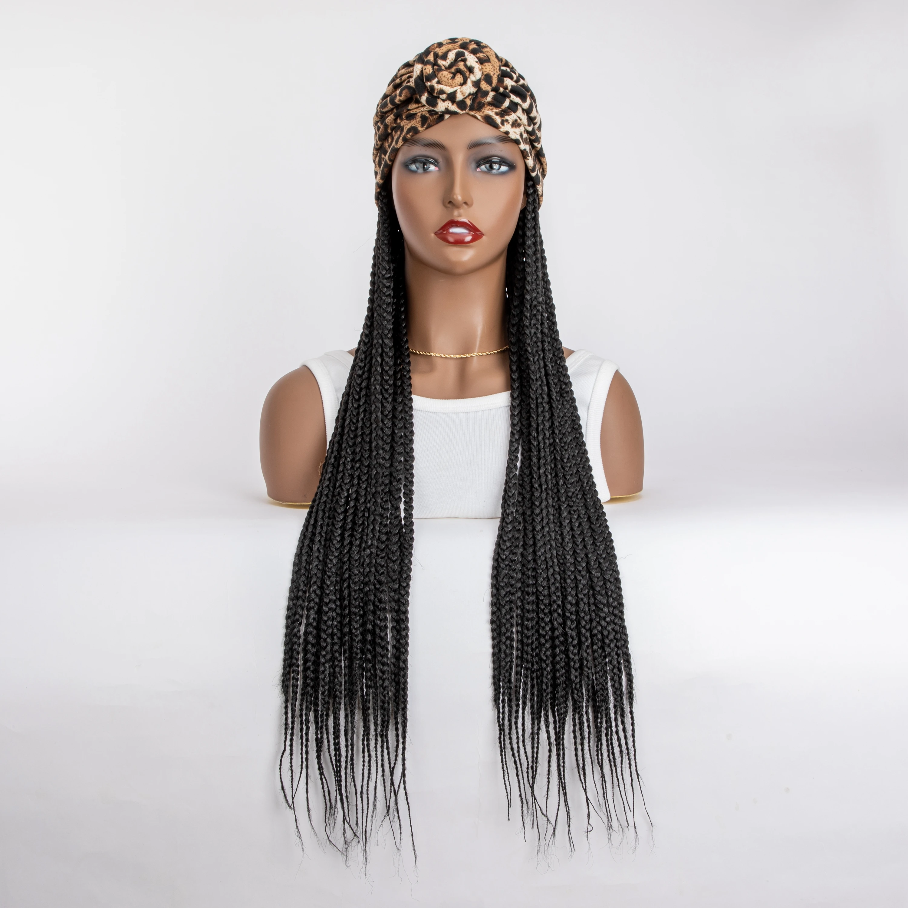 WIGERA Leopard Print Headband Long Braided Synthetic Wig with Turban Hat Box Braiding Hair Extensions Head Scarf Easy Hairstyle