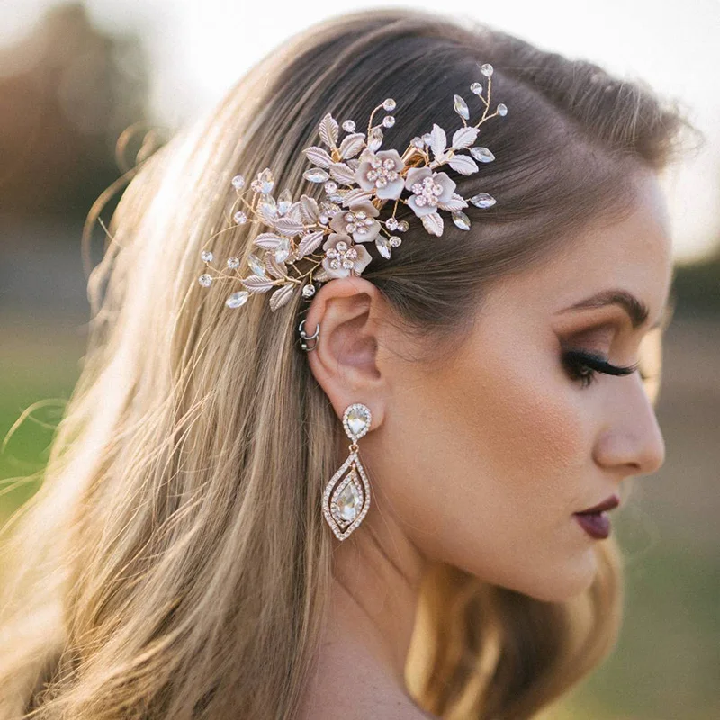 Handgemachte Legierung Blume Perle Haars pange Mode Haarschmuck Kopfschmuck Luxus Strass Haars pangen Brautjungfer Geschenke – Detail 1