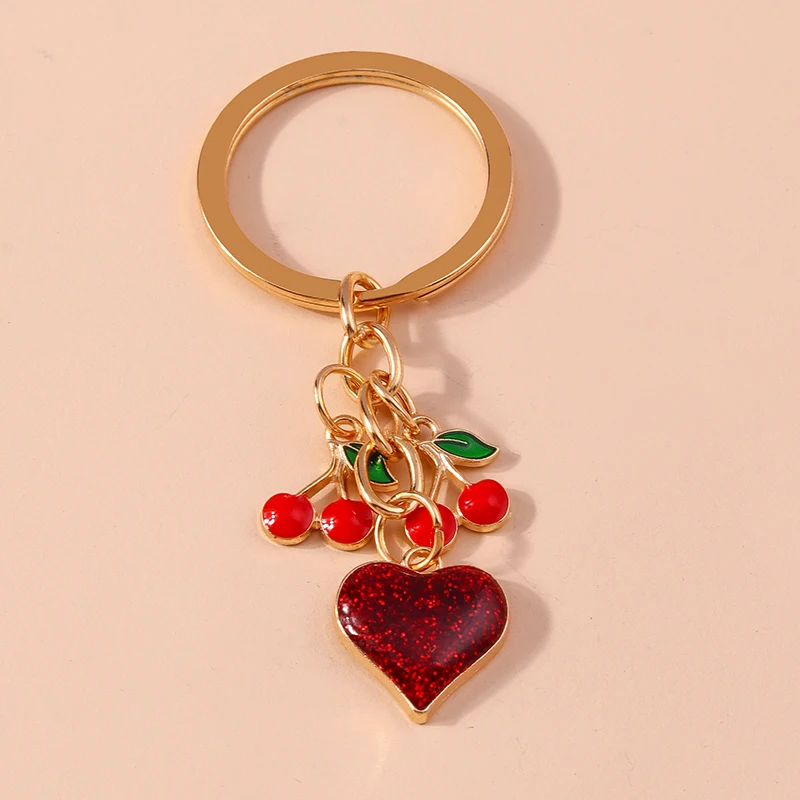 Fashion Love Heart Keychains Enamel Fruit Cherry Key Rings Women Men Car Key Handbag Pendants Chains DIY Accessories