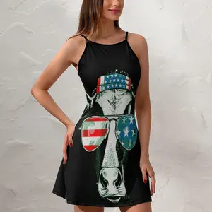 Exotic  Woman's Gown Strappy Dress Vintage Cow 4th of July American Flag H  Women's Sling Dress Premium  Parties Humor Graphic