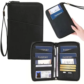 Portadocumenti da Viaggio in Pelle con Protezione RFID, Porta Passaporti Familiare, Portafoglio con Cinturino da Polso, Porta Penne, Organizer per Carte e Biglietti, Accessori Essenziali da Viaggio