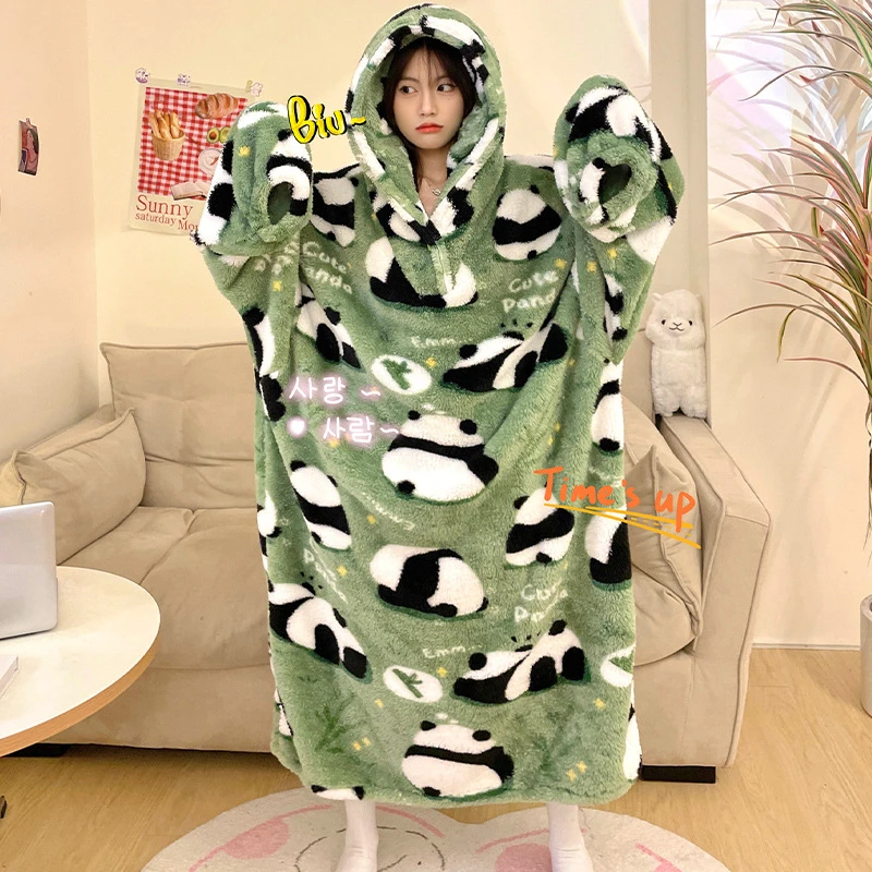 

Flange Plush Pajamas Women's Winter Thickened Coral Fleece Nightdress Hooded Panda Print Green Casual Couple's Home Clothes