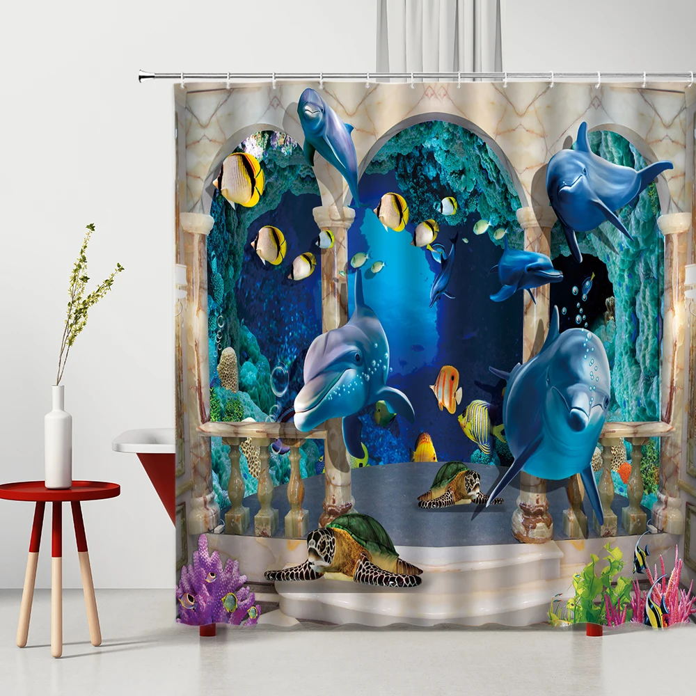 3D Whale Shower Curtain Sea Fish Animal Colorful Coral Reef Waterproof Fabric with Hooks Polyester Bath Curtains Bathroom Decor