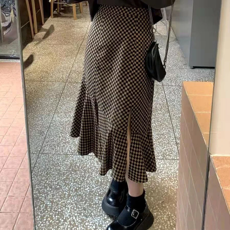 

Plaid Irregular Split Ruffled High Elastic Waist Female Skirt Korean Fashion Spring Elegant Slim Woman Mermaid Skirts